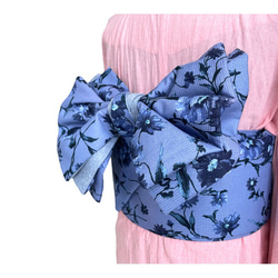 [浴衣用(紬や小紋にも)-作り帯】半巾帯　木綿　ワッフル地　花柄　ブルー 3枚目の画像