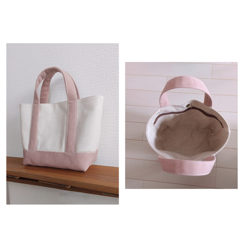 ハンドメイド作品-生成帆布とパステルピンクレザー トートバッグ 帆布Sトートバッグ ピンク トートバッグ 63CANVAS 通販 7588490