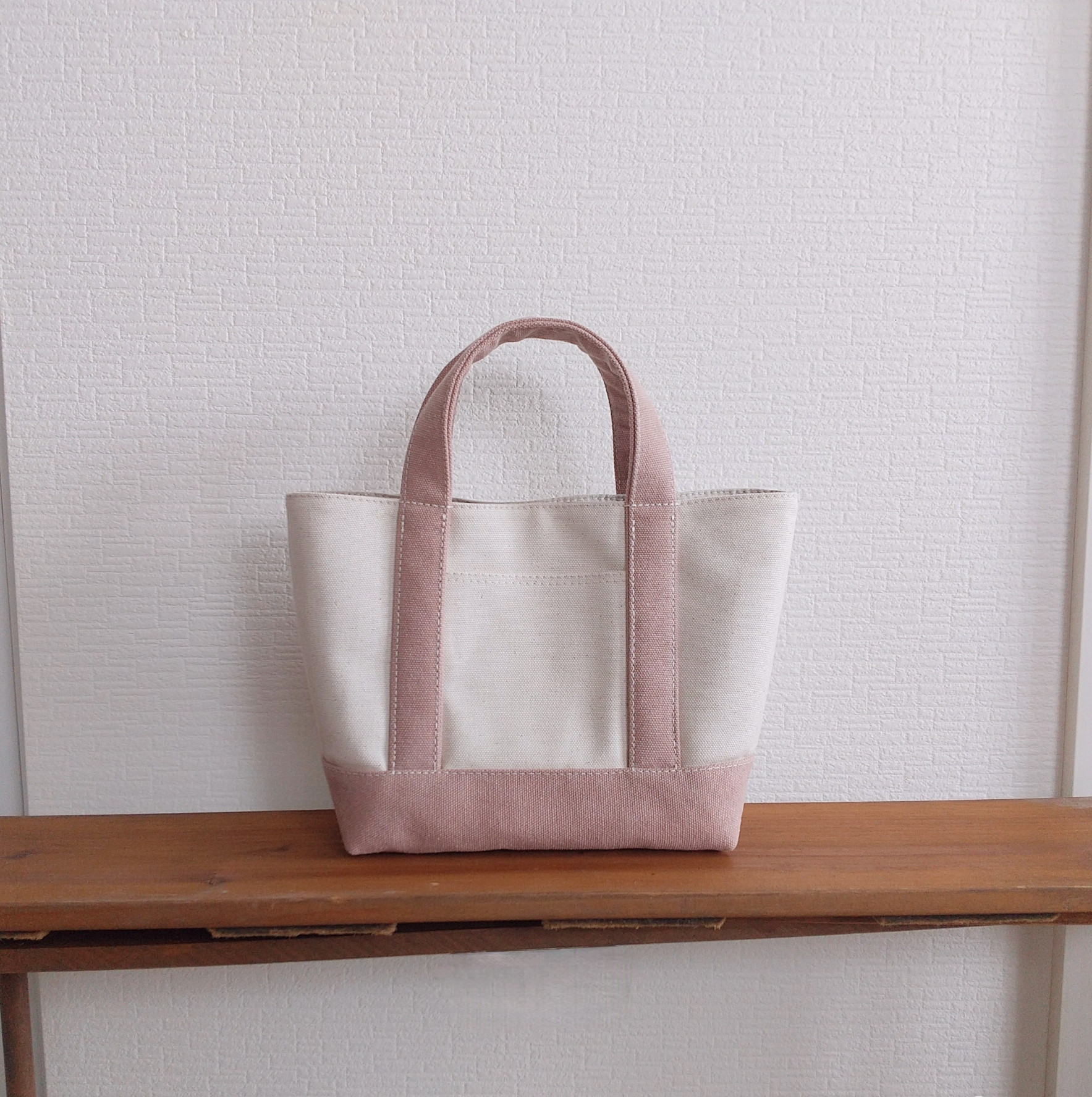 トートバッグ ハンドメイド作品-生成帆布とパステルピンクレザー