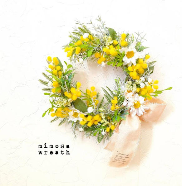 ふわふわミモザのムーンリース yellow＆White リース Fairy garden  