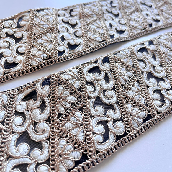 【50cm】インド刺繍リボン　ブラックxホワイト　GN956 4枚目の画像