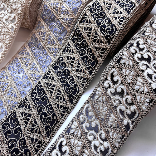 SALE♡50cm】インド刺繍リボン ブルーグレーxゴールド GN957 リボン