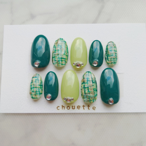 ネイルチップつけ爪 緑グリーン ツイード柄 ワンホン韓国量産型