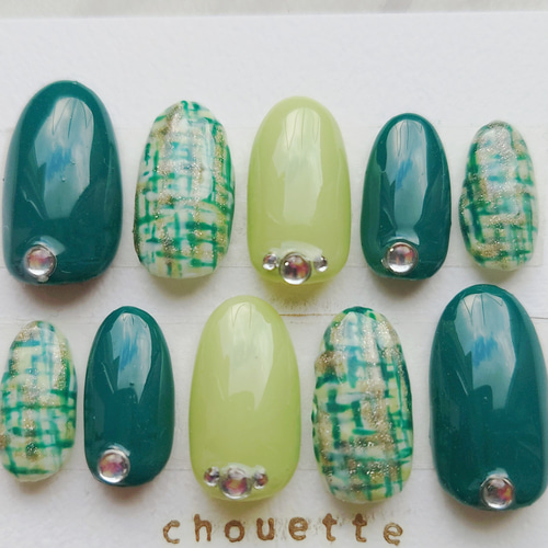 ネイルチップつけ爪 緑グリーン ツイード柄 ワンホン韓国量産型