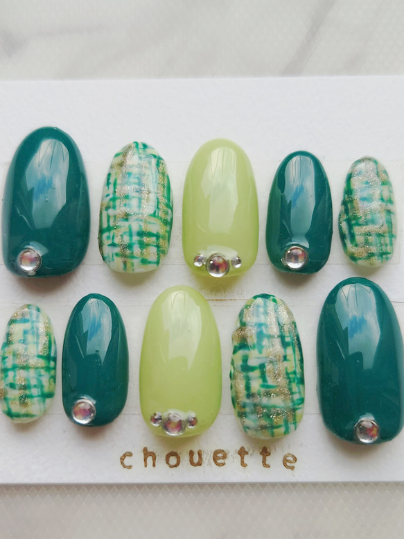 ネイルチップつけ爪 緑グリーン ツイード柄 ワンホン韓国量産型ギャル