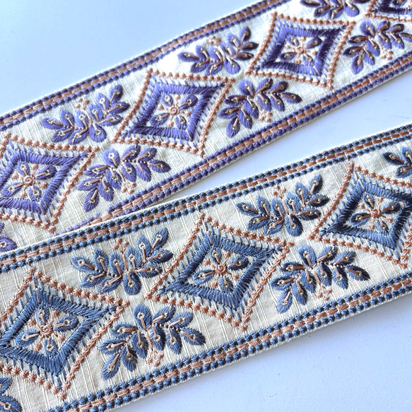【50cm】インド刺繍リボン　アイボリーxくすみブルー　GS964 6枚目の画像