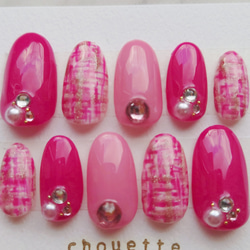 ネイルチップつけ爪 ツイード柄 ピンク ワンホン韓国量産型ギャル姫