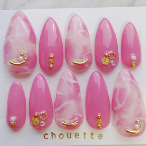 ネイルチップ韓国ワンホンマーブル水彩桃ピーチキラキラピンクニュアンス