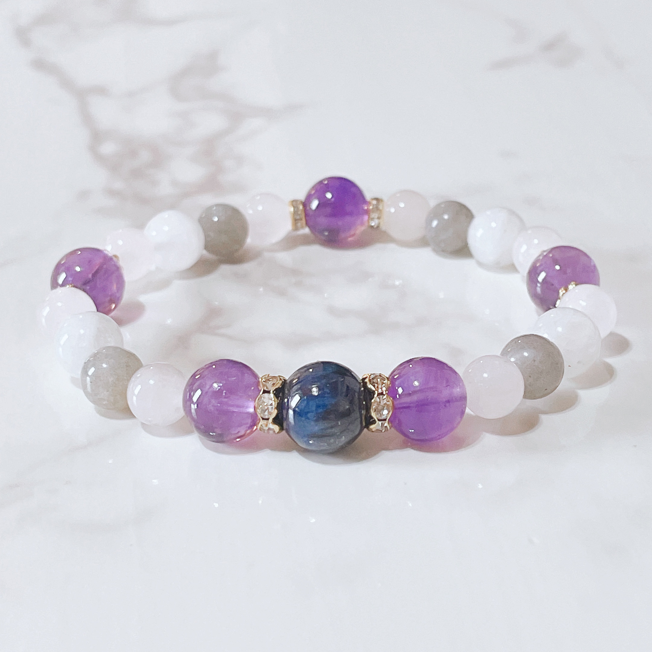 ✦ワケありの恋で迷いがある方へ カイヤナイト アメジスト ムーンストーン ラブラドライト 天然石ブレスレット No689
