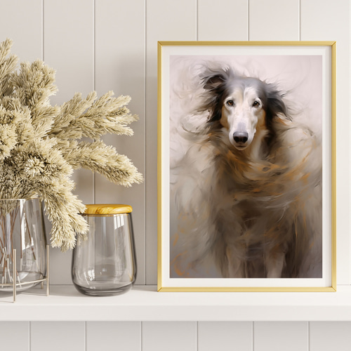 水彩画 犬の絵 風景画 バラの背景とボルゾイ 水彩画 犬の絵 風景画 バラの背景とボルゾイ 絵画