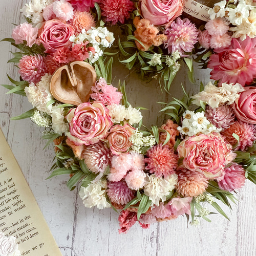 ハートリース 20cm くすみピンク 薔薇 ドライフラワー 母の日にも