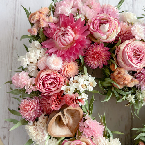 ハートリース 20cm くすみピンク 薔薇 ドライフラワー 母の日にも