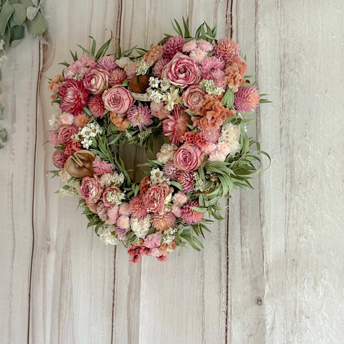 ハートリース 20cm くすみピンク 薔薇 ドライフラワー 母の日にも