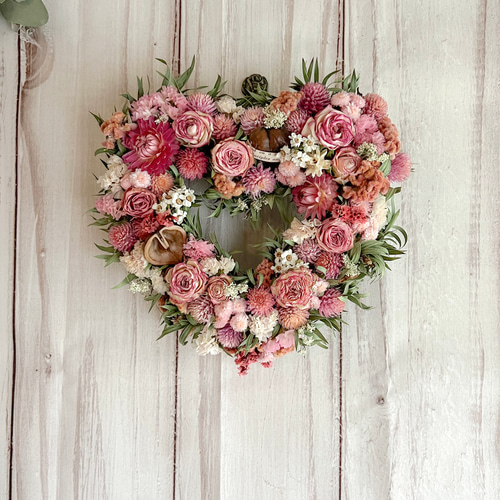ハートリース 20cm くすみピンク 薔薇 ドライフラワー 母の日にも
