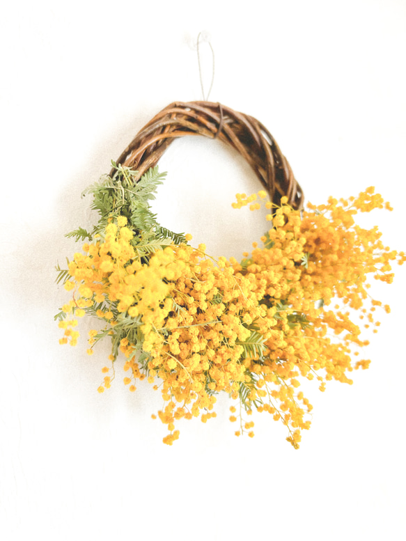 ミモザ　mimosa　ミモザリース　ミニリース　インテリアフラワー　natural　ギフト　プレゼント　お祝い　開店祝い 1枚目の画像