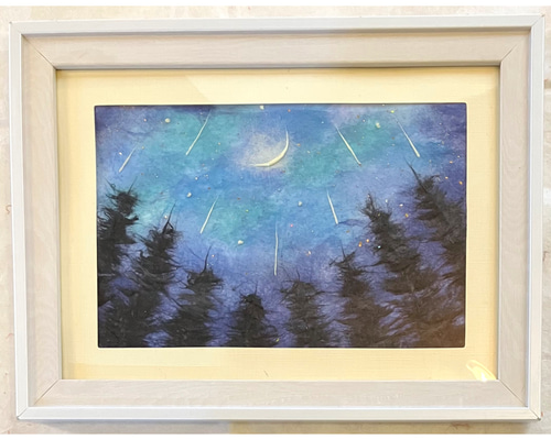 和紙ちぎり絵原画『からすうりと杉の葉』P10号横(530×410mm)
