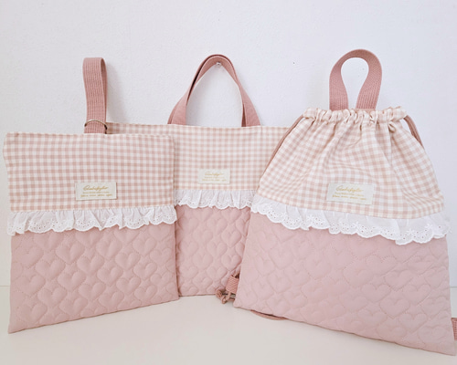 送料無料☆入学・入園3点セット☆ハートキルティング☆レッスンバッグ