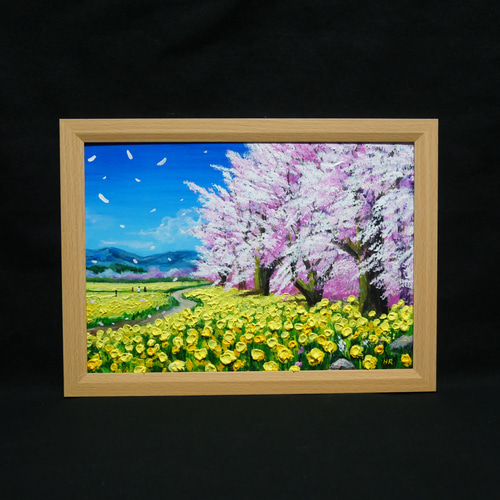 一点物・油彩画【希望の花咲く春の日】 額装対応可 春を告げる花の絵