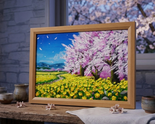 一点物・油彩画【希望の花咲く春の日】 額装対応可 春を告げる花の絵