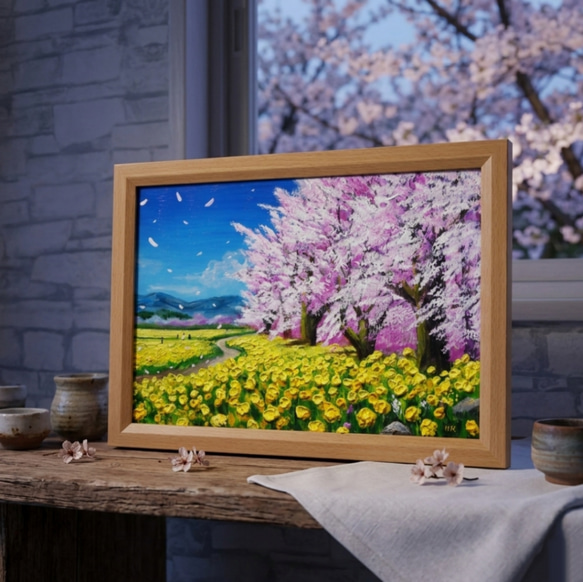 一点物・油彩画【希望の花咲く春の日】 額装対応可 春を告げる花の絵