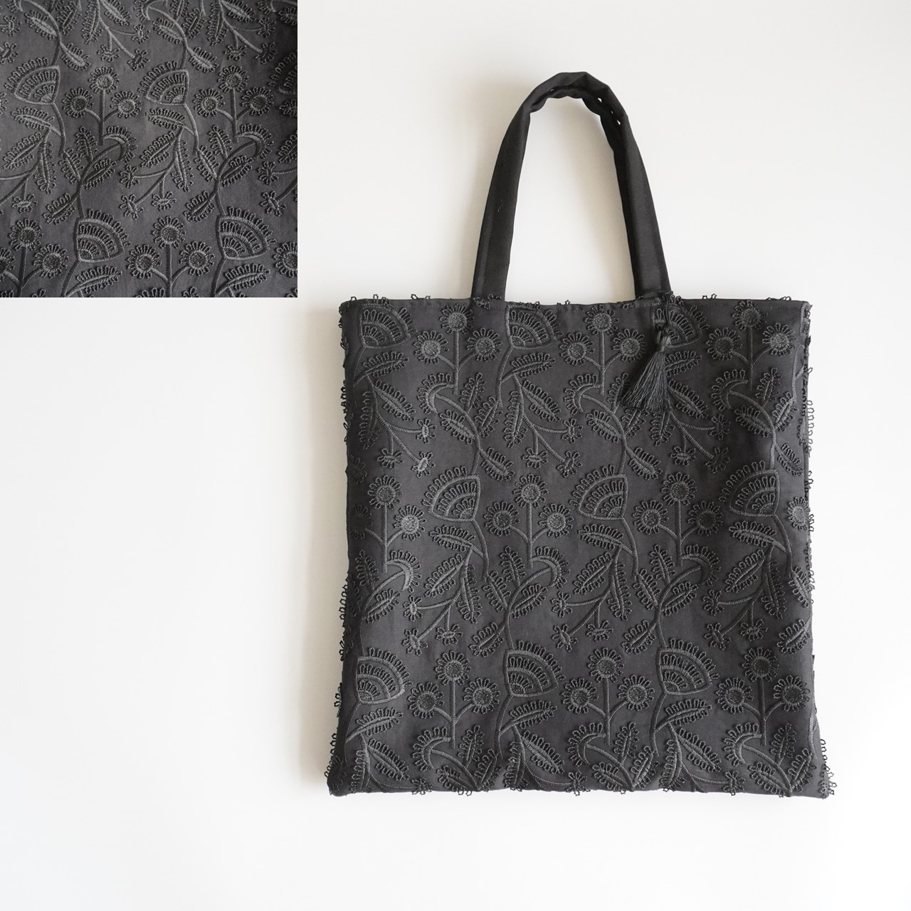 【3日以内発送・送料無料】A4がゆったり入る！黒色ベースにボタニカル模様のレース刺繍トートバッグ_オプション有