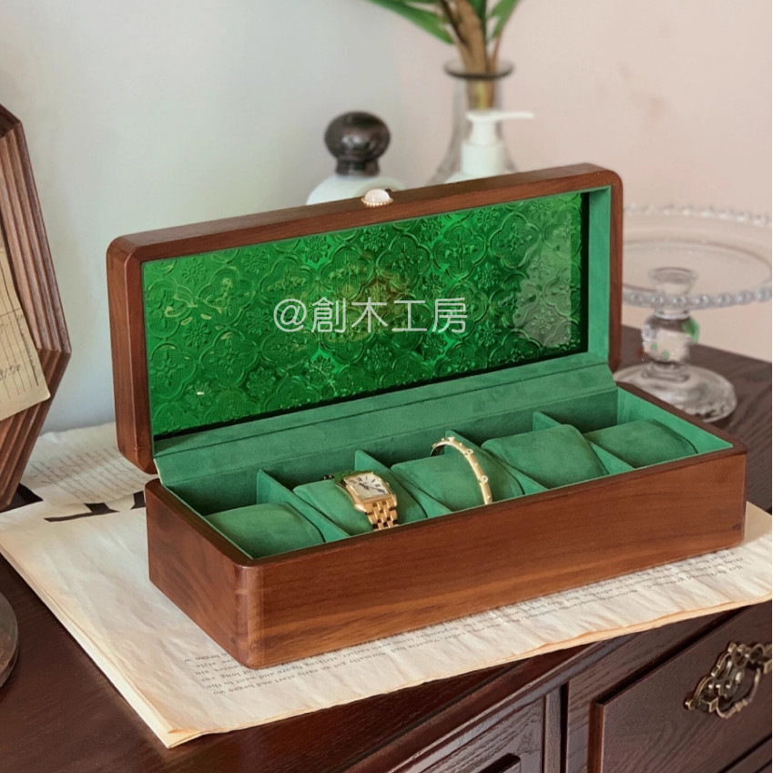 五本腕時計収納 ヴィンテージ フローラガラスケース ウォッチケース 木製 雑貨収納 北欧風　インテリア