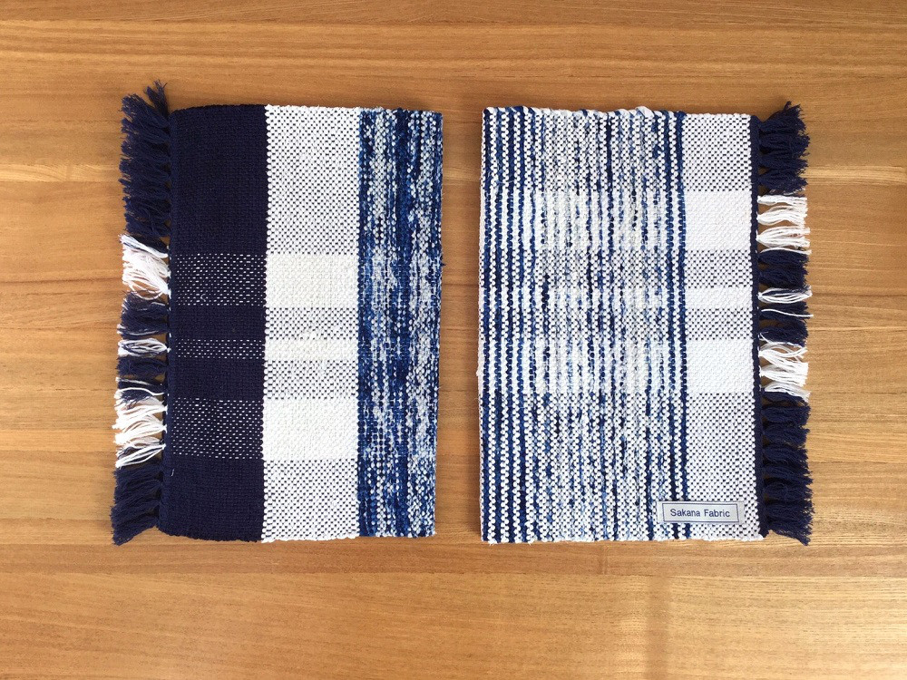 織物ランナー、裂織 青と緑のストライプ