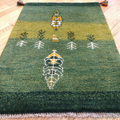 目玉品35％OFF】ペルシャ ギャッベ 玄関マット 87x60cm 緑 糸杉