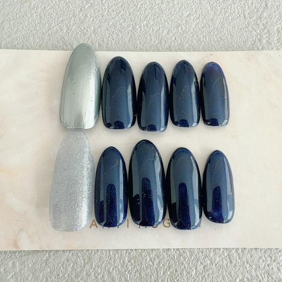 ネイルチップ｜5サイズから選べます｜1201ネイビー紺ストーンシンプル  