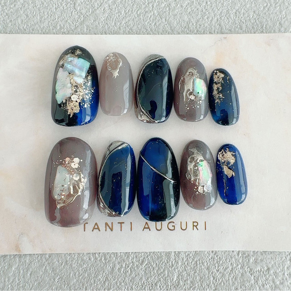 【sample】オーダーネイルチップ 推し活 付け爪 つけ爪 青 ゴールド 紺色 付け爪 ネイビー 濃いグレー ダークカラー 青系 ネイルチップ