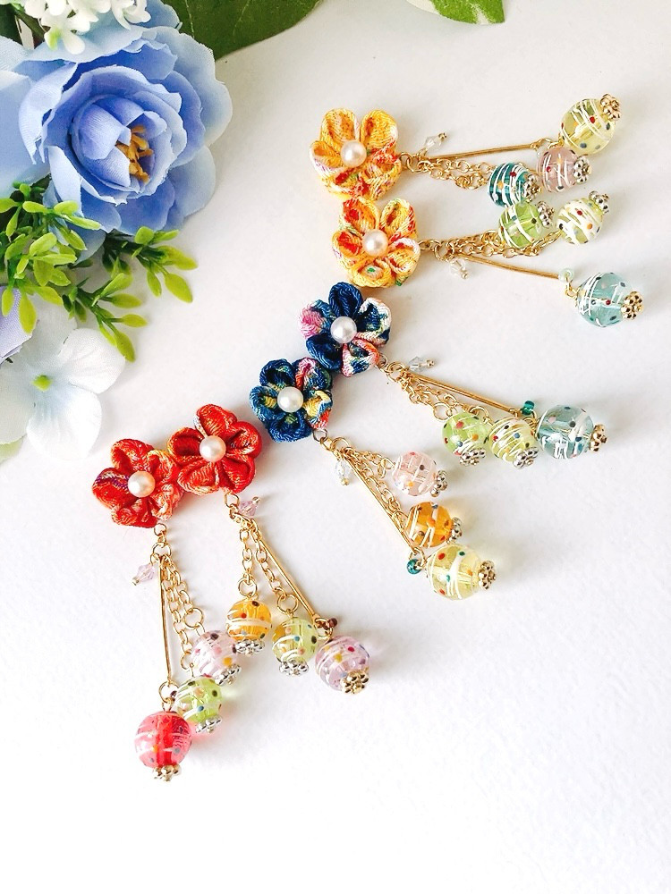 no.686 ブルー　ピアス　イヤリング　和風　つまみ細工　着物 no.686 ブルー ピアス イヤリング 和風 つまみ細工 着物（6柄