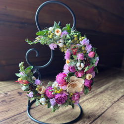 ピンクの花達ドライフラワー三日月リース 祝いの木 母の日ギフト 玄関