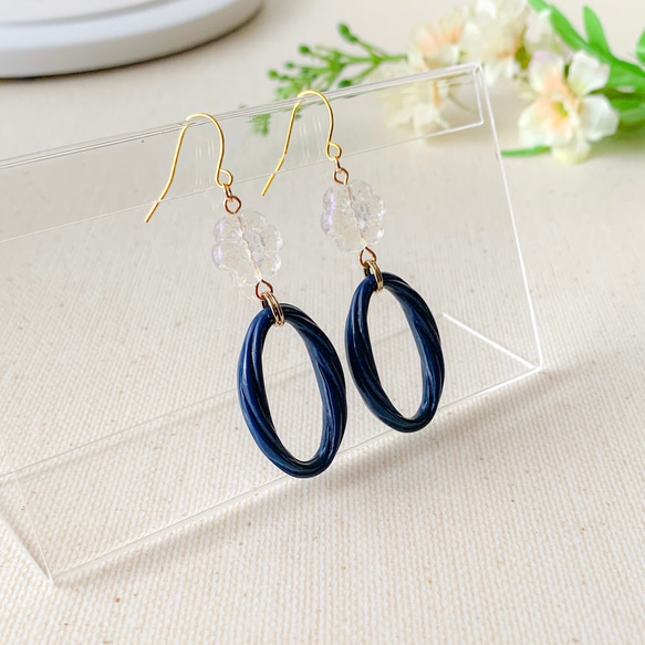 ネイビー*お花*リング*ピアス イヤリング ピアス（フック・チェーン 