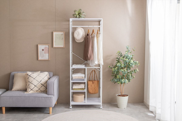 幅60cm】棚付きハンガーラック/ホワイト 棚・シェルフ・ラック