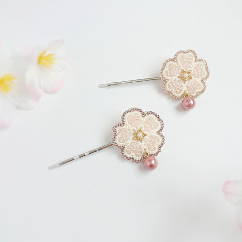 タティングレース×ビーズ刺繍で彩る さくらヘアピン 桜 ヘアピン
