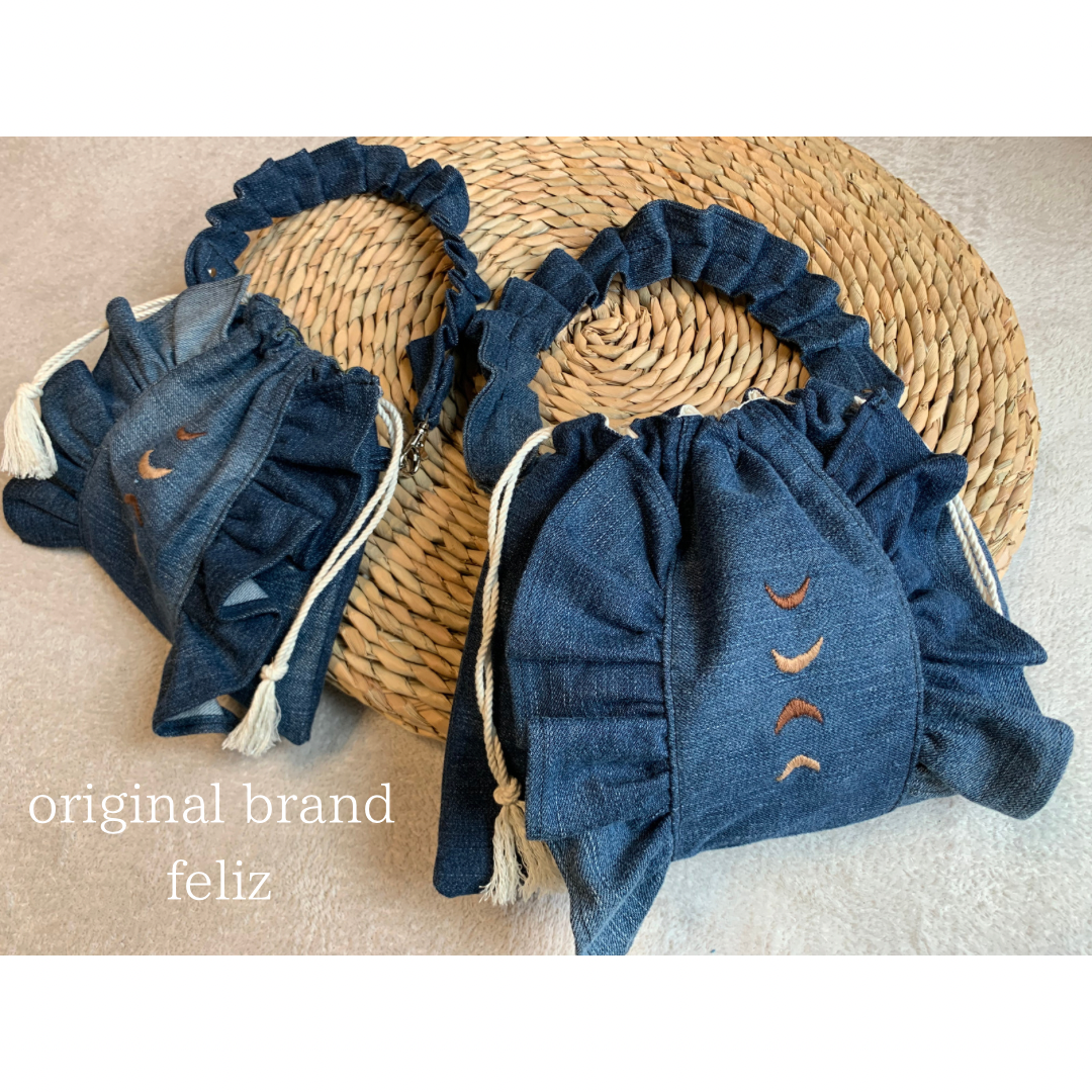 moon刺繍 長財布が入るデニムフリル巾着バック 巾着バッグ feliz2016