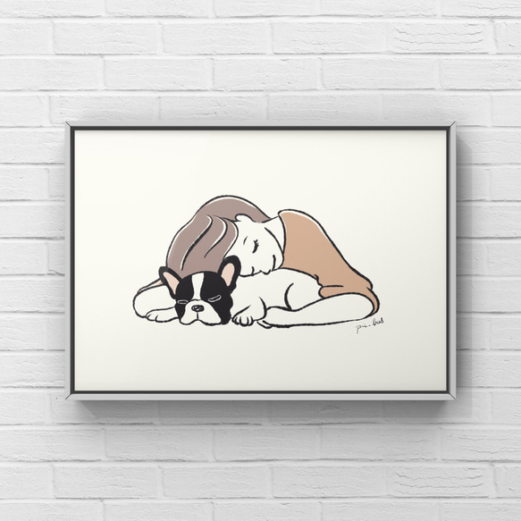 フレンチブルドッグ【ナップタイム】A4ポスター　犬　ペット　イラスト　うちの子 1枚目の画像