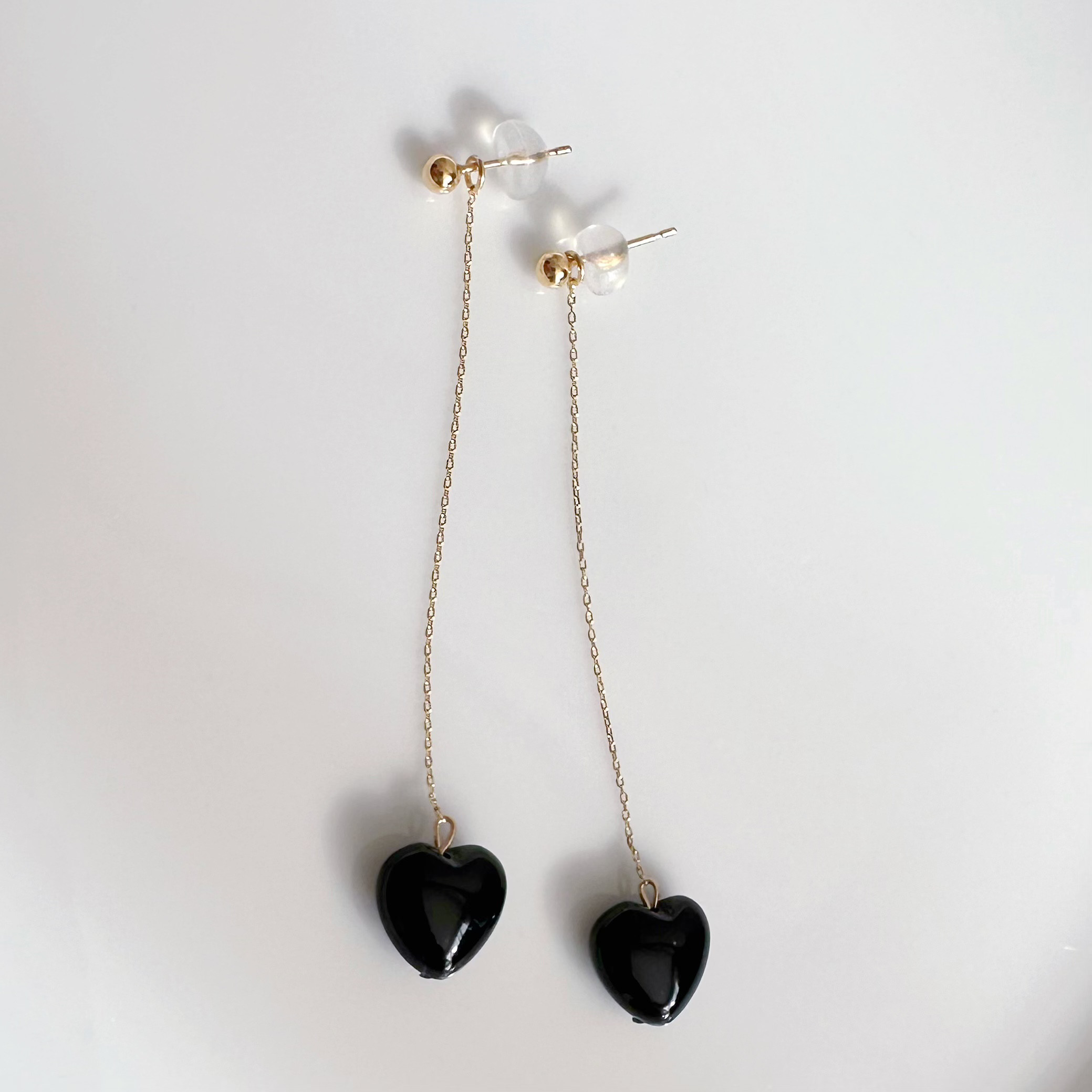 k10/k18 オニキス　ハート　ロングチェーン　チャーム　ピアス　イヤリング　小