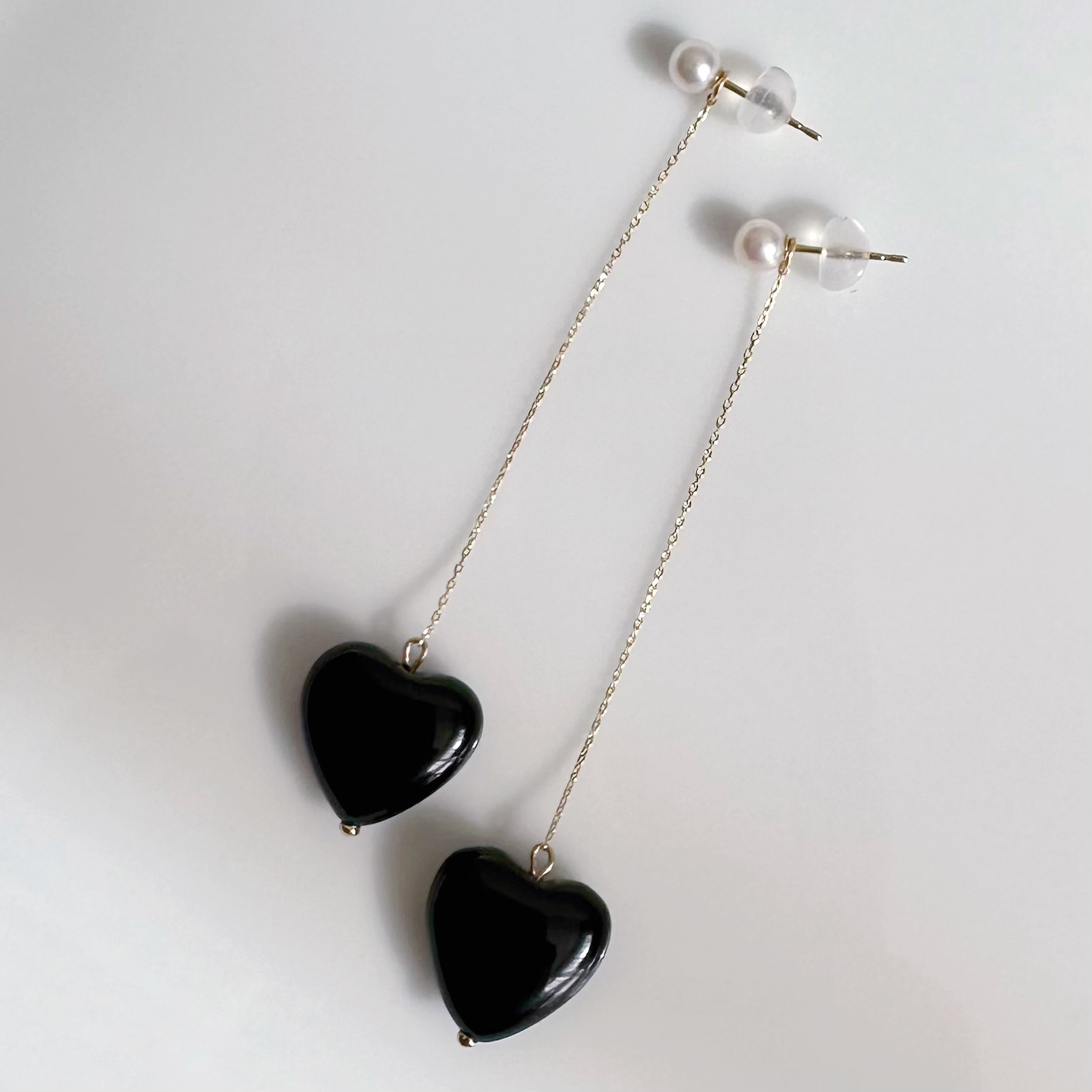 k10/k18 オニキス ハート　ロングチェーン　チャーム　ピアス　イヤリング　大