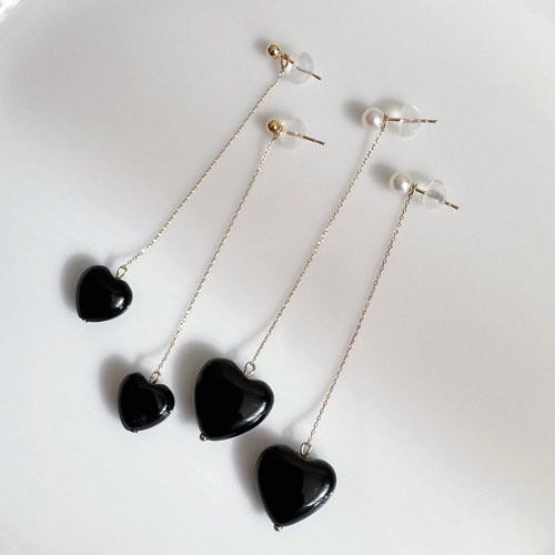 k10/k18 オニキス ハート ロングチェーン チャーム ピアス イヤリング