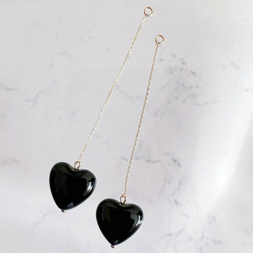 k10/k18 オニキス ハート ロングチェーン チャーム ピアス イヤリング