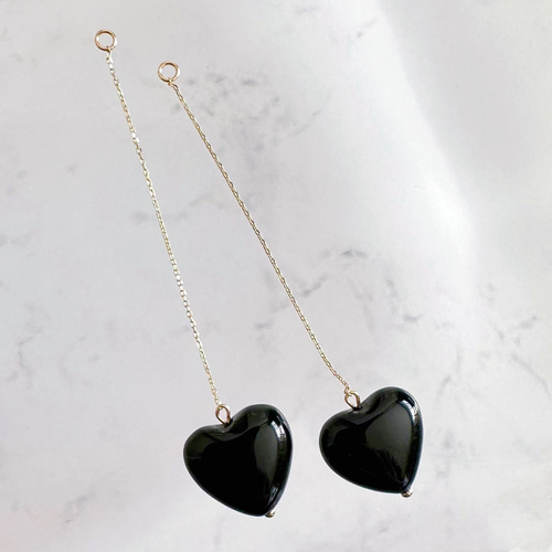k10/k18 オニキス ハート ロングチェーン チャーム ピアス