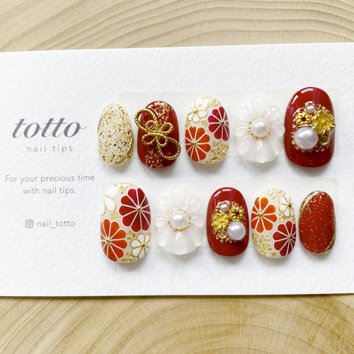 成人式ネイル/赤/白/テラコッタ/オレンジ/リボン/水引/振袖ネイル/和柄