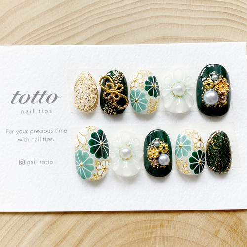 成人式ネイル/青緑/リボン/振袖ネイル/和柄ネイル/着物/白無垢/和装  