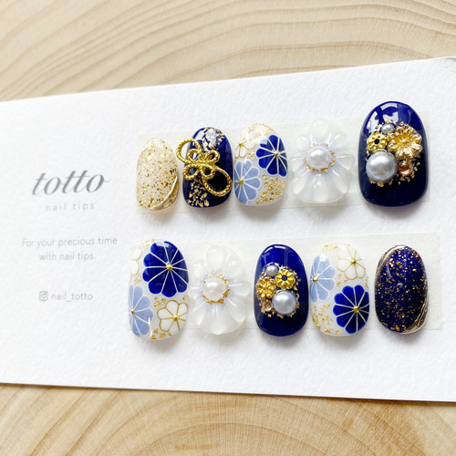ネイルチップ 成人式 和柄 青 水引 振袖 和装 和花 花 オーダーネイル 着物 期間限定割引】成人式ネイル/青/白/水引/振袖ネイル/和柄ネイル/着物