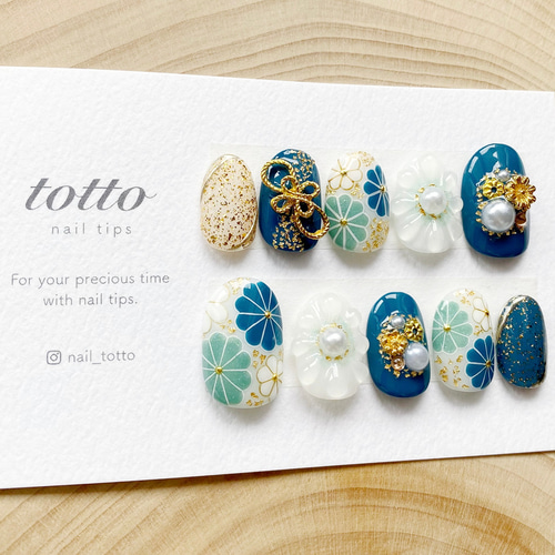 ネイルチップ 成人式 和柄 青 水引 振袖 和装 和花 花 オーダーネイル 着物 成人式ネイル/青/和柄ネイル/振袖ネイル/着物/白無垢/和装/ブライダル