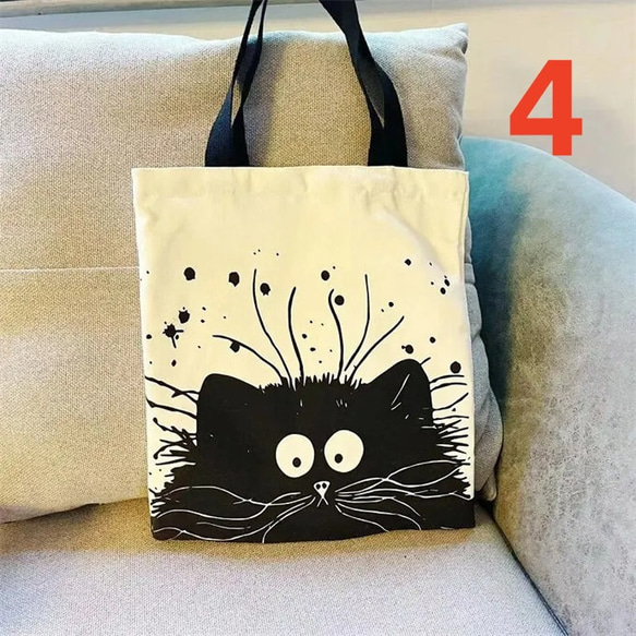 キャリーキャッドショルダーハンドヘルド再利用可能可愛い猫 漫画 キャンパス 学生クラスジップハンドバッグ 布 バッグ ト 8枚目の画像
