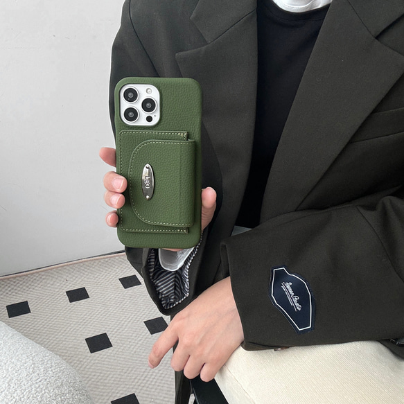 iPhoneケース　シュリンクレザー　4色　シンプル　高級感　カードポケット付き　韓国 5枚目の画像