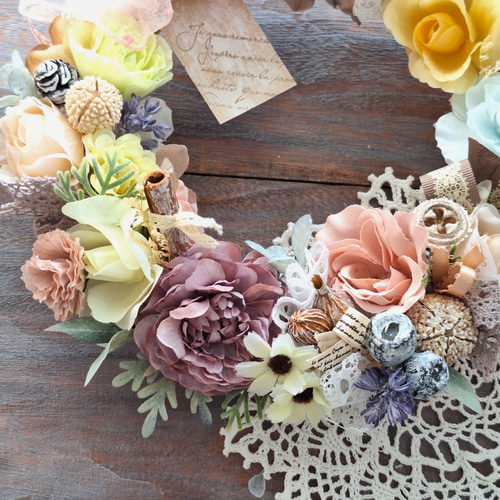 21〕布リース ナチュラルリース アンティーク風 (くすみピンク)