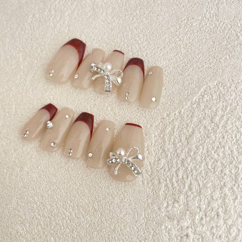 ネイルチップ フレンチネイル 赤 リボン ワンホンネイル 韓国 サイズ